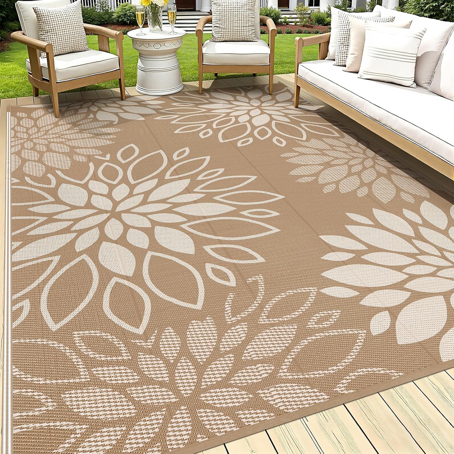 Floral Plastic Straw Outdoor Patio Rug