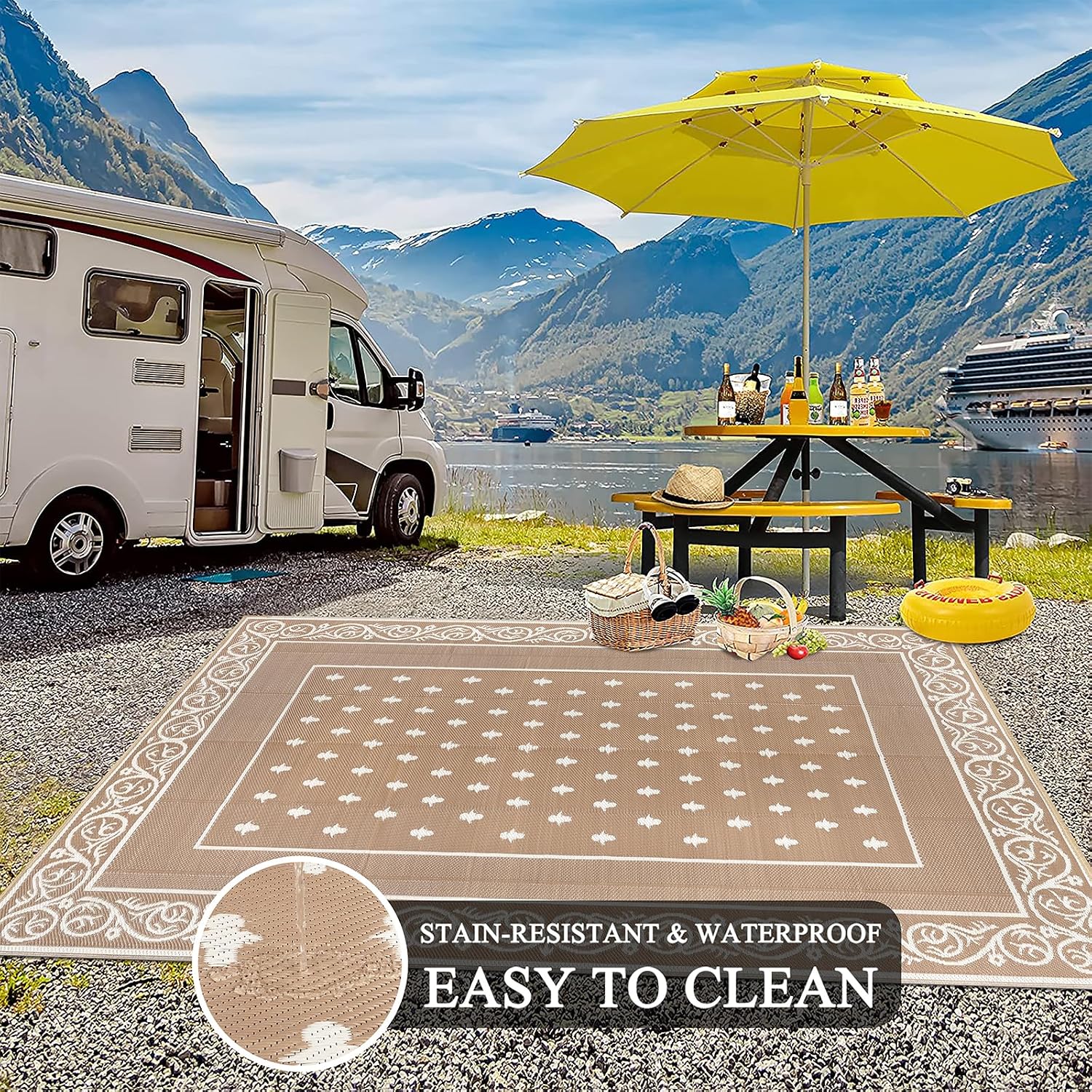 Beige Border Plastic Straw Outdoor Rug