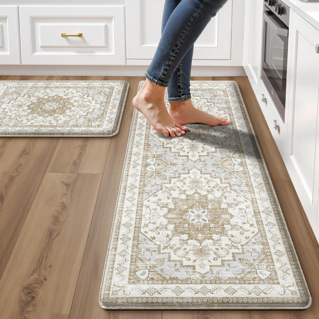 Beige Tan Boho Anti Fatigue Kitchen Rug Set of 2