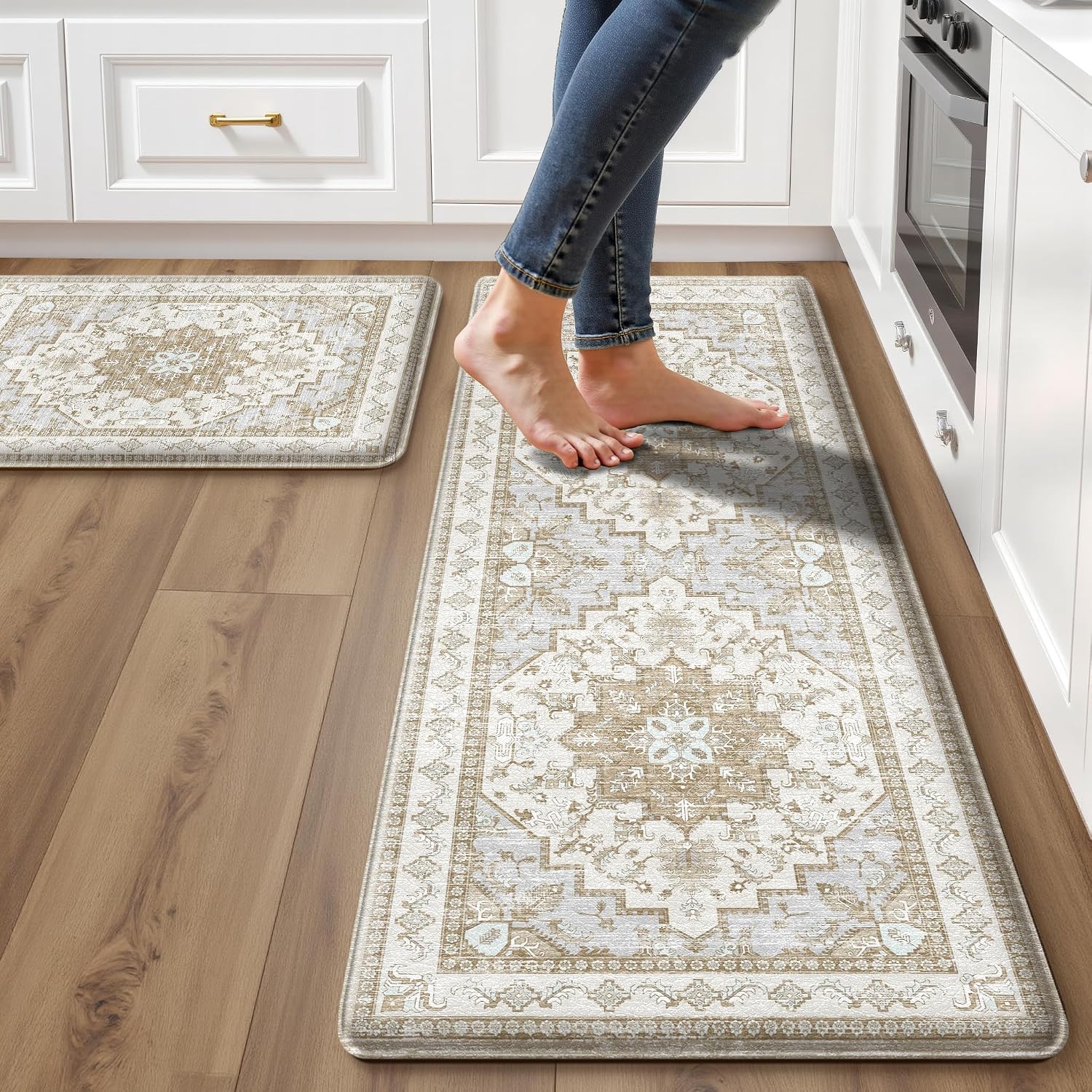 Beige Tan Boho Anti Fatigue Kitchen Rug Set of 2