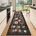 Black Floral Washable Runner Rug