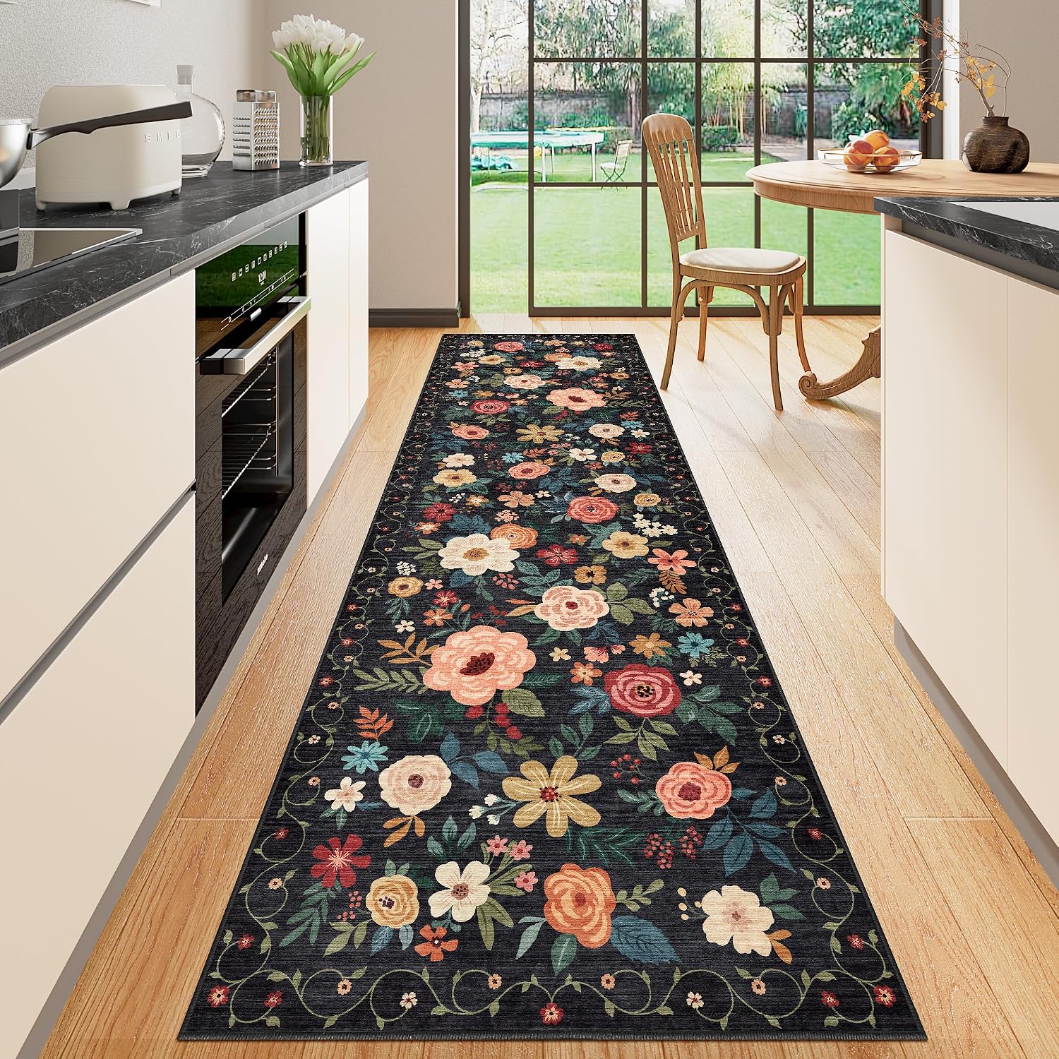 Black Floral Washable Runner Rug