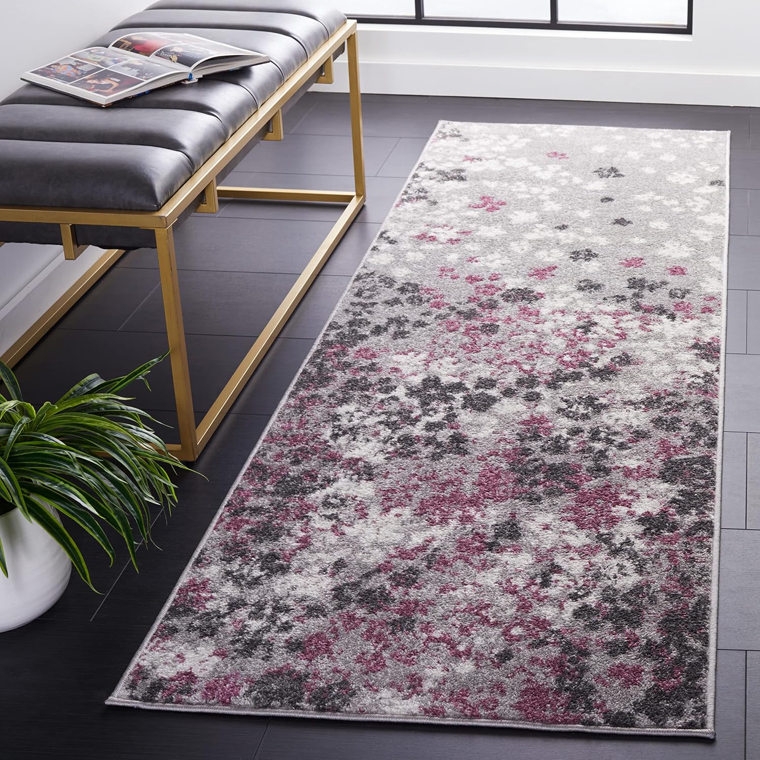 Grey Purple Floral Runner Rug