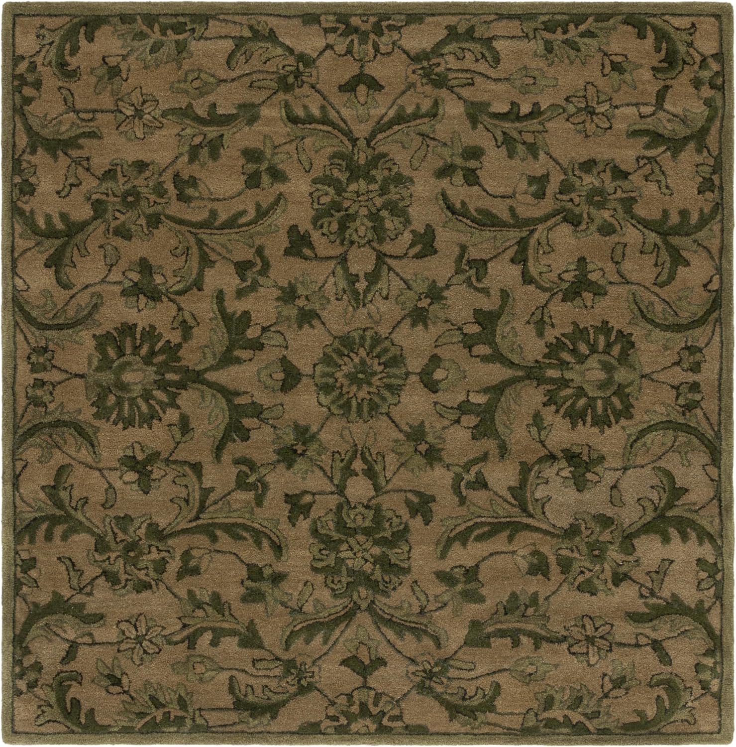Olive Green Traditional Oriental Wool Square Rug