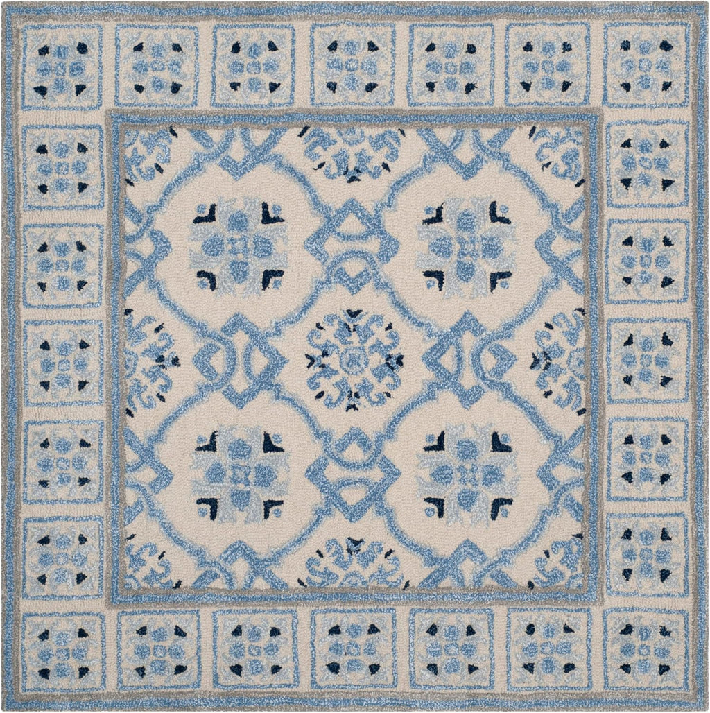 Ivory Blue Wool Viscose Square Rug