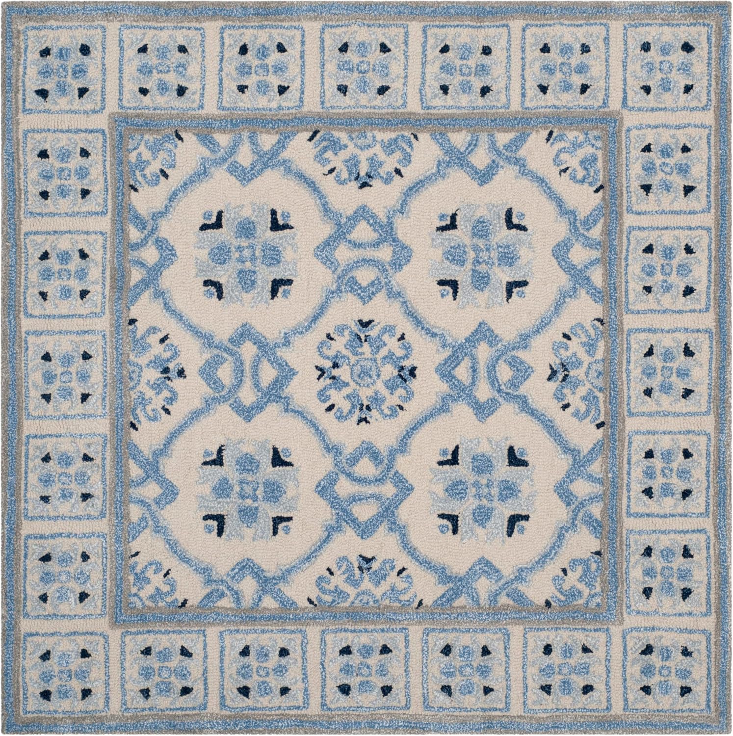 Ivory Blue Wool Viscose Square Rug