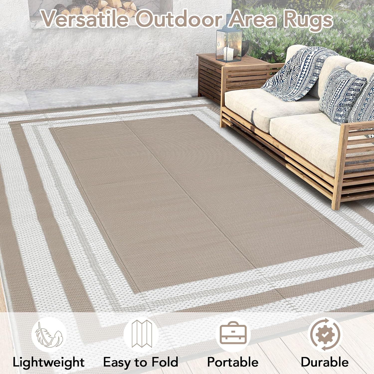 Grey Beige Reversible Plastic Straw Rug