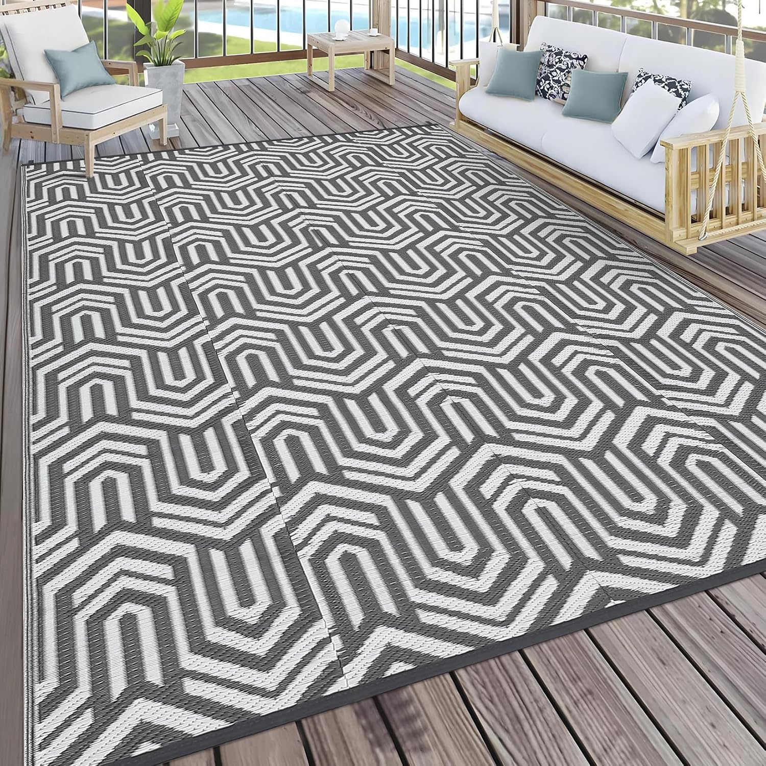 Grey White Abstract Plastic Straw Rug