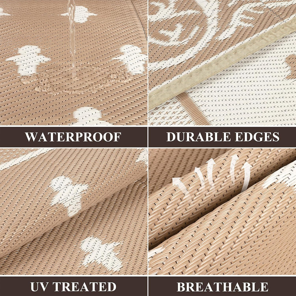 Beige Border Plastic Straw Outdoor Rug
