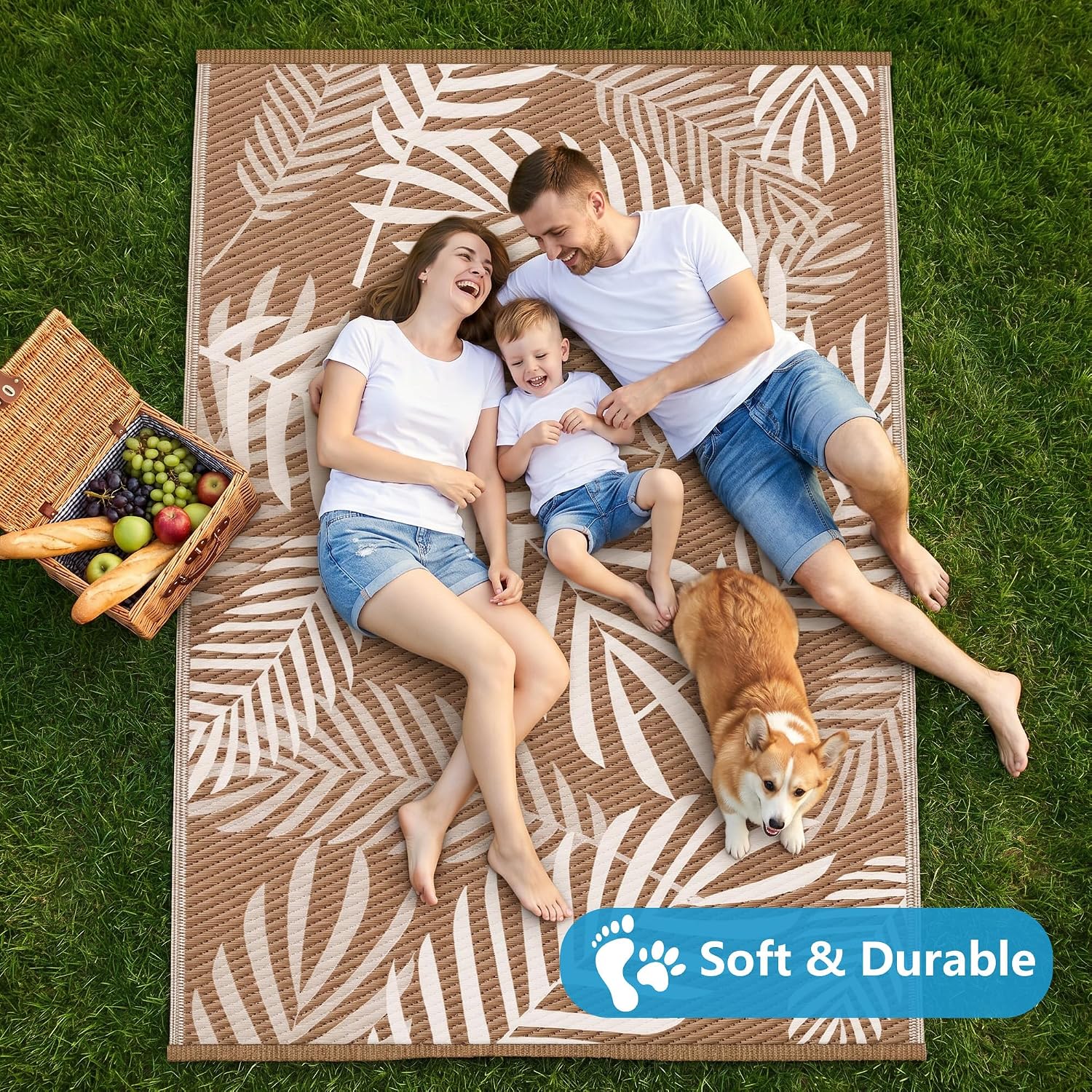 Brown Beige Leaf Plastic Straw Rug