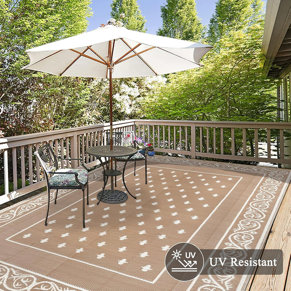 Beige Border Plastic Straw Outdoor Rug
