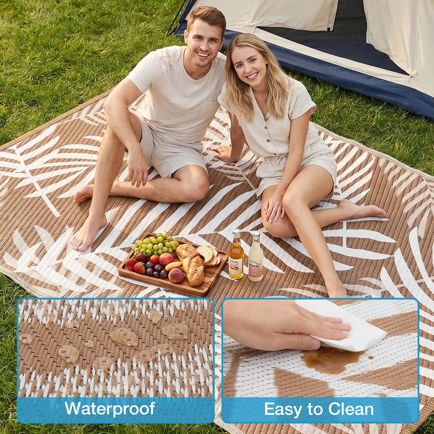 Brown Beige Leaf Plastic Straw Rug