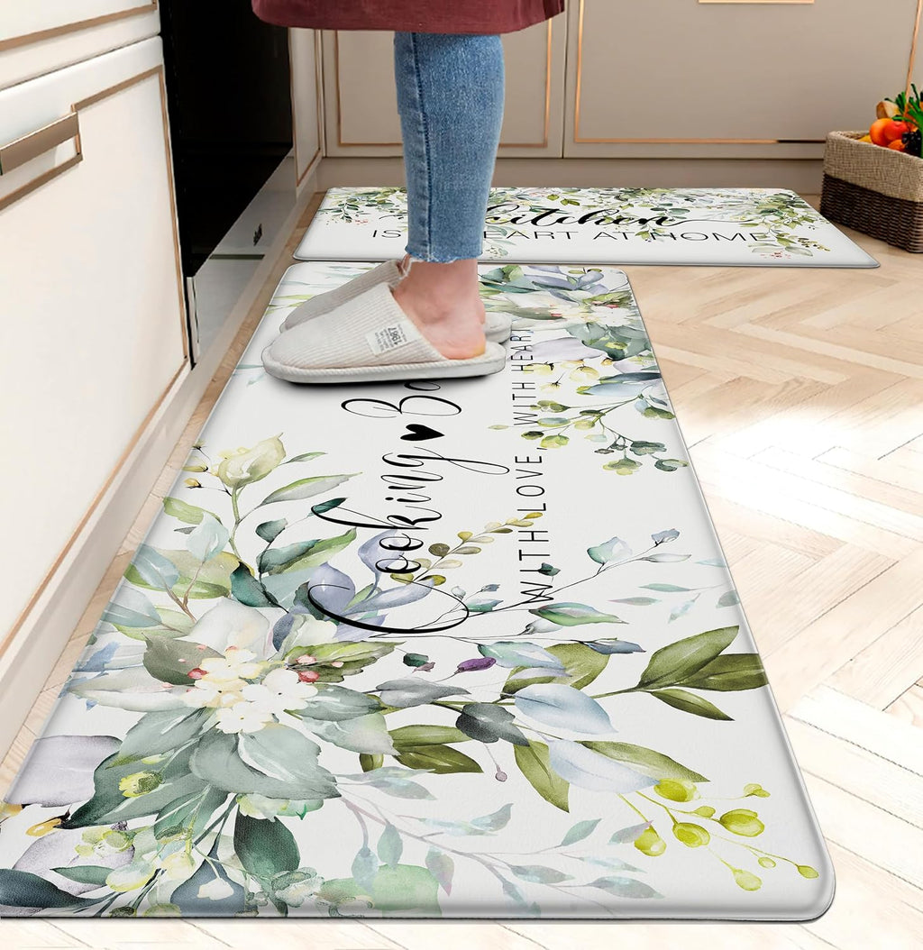Sage Green Floral Anti Fatigue Kitchen Rug Set of 2