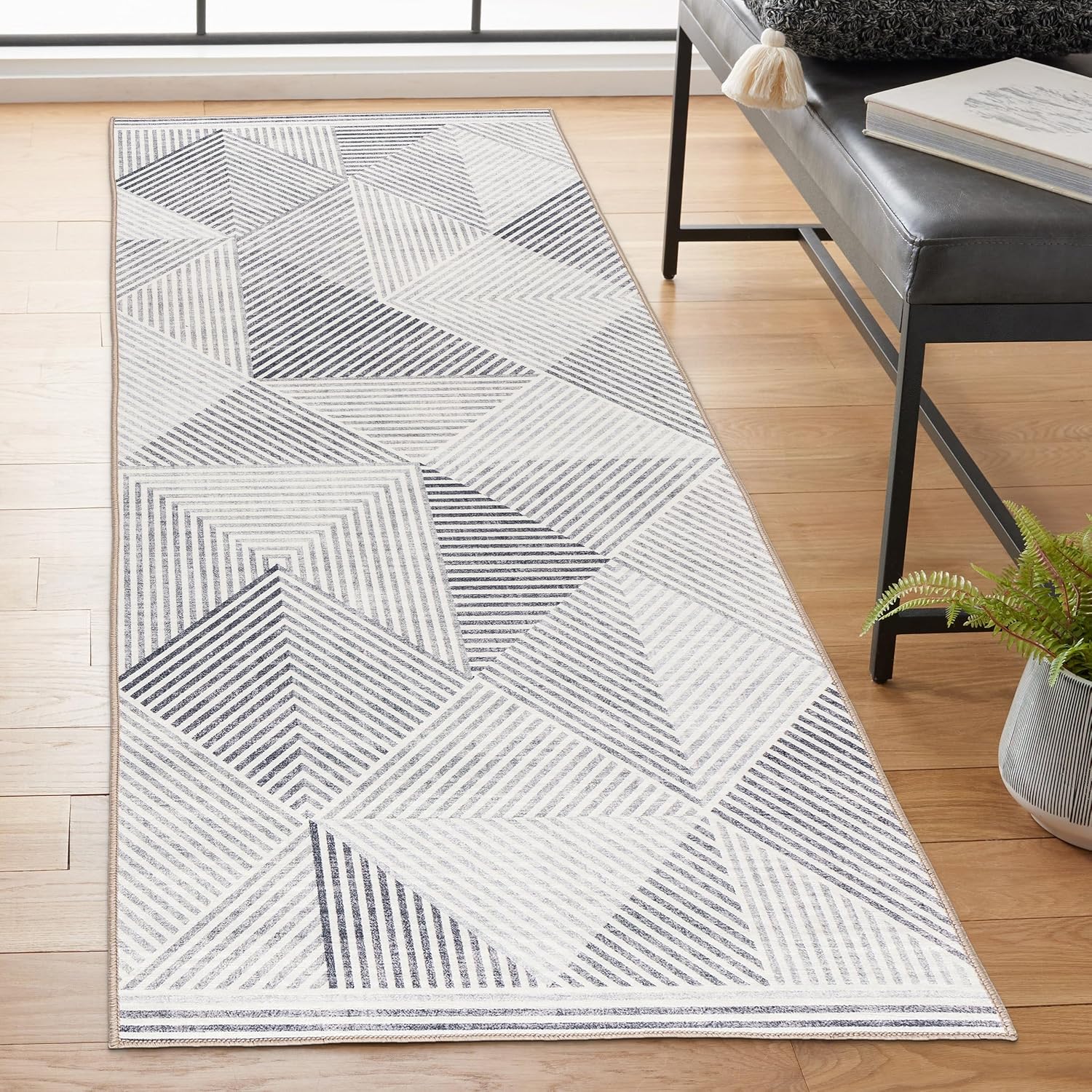 Gray Geometric Washable Runner Rug