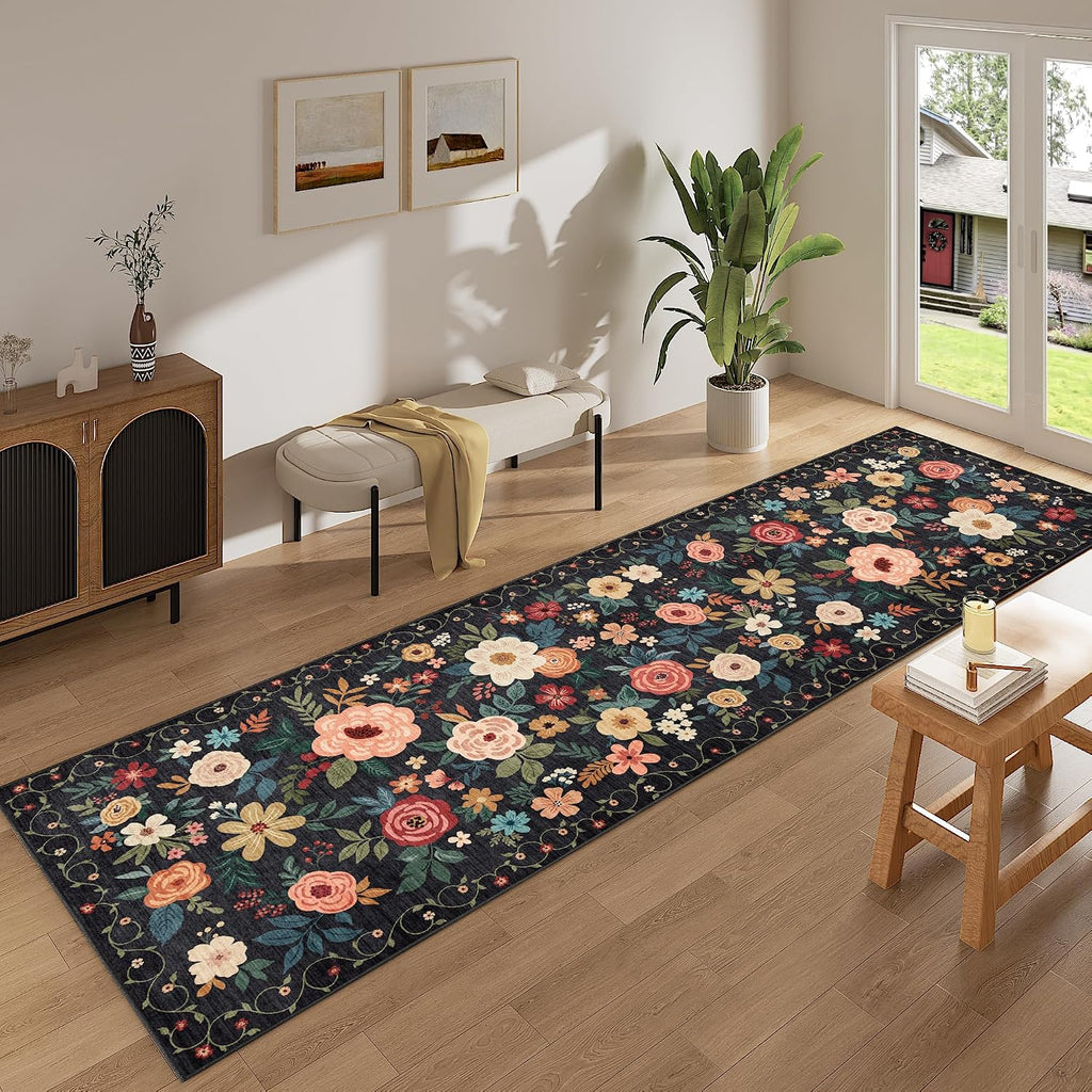 Black Floral Washable Runner Rug