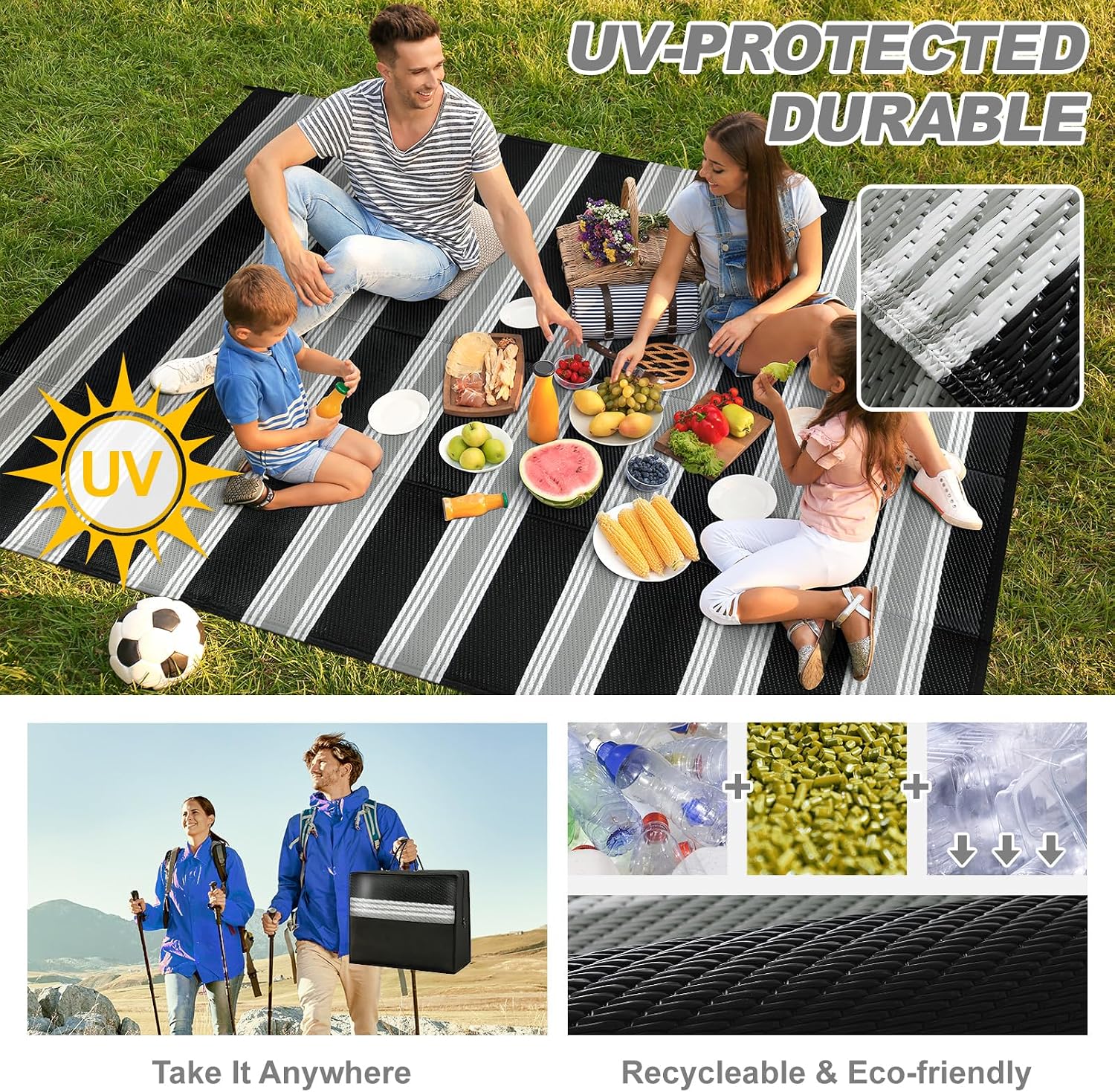 Black Grey Reversible Striped Plastic Straw Outdoor Rug 6x9