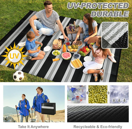 Black Grey Reversible Striped Plastic Straw Outdoor Rug 6x9
