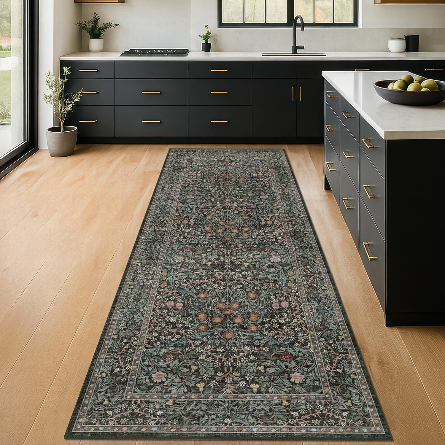 Dark Green Floral Washable Runner Rug