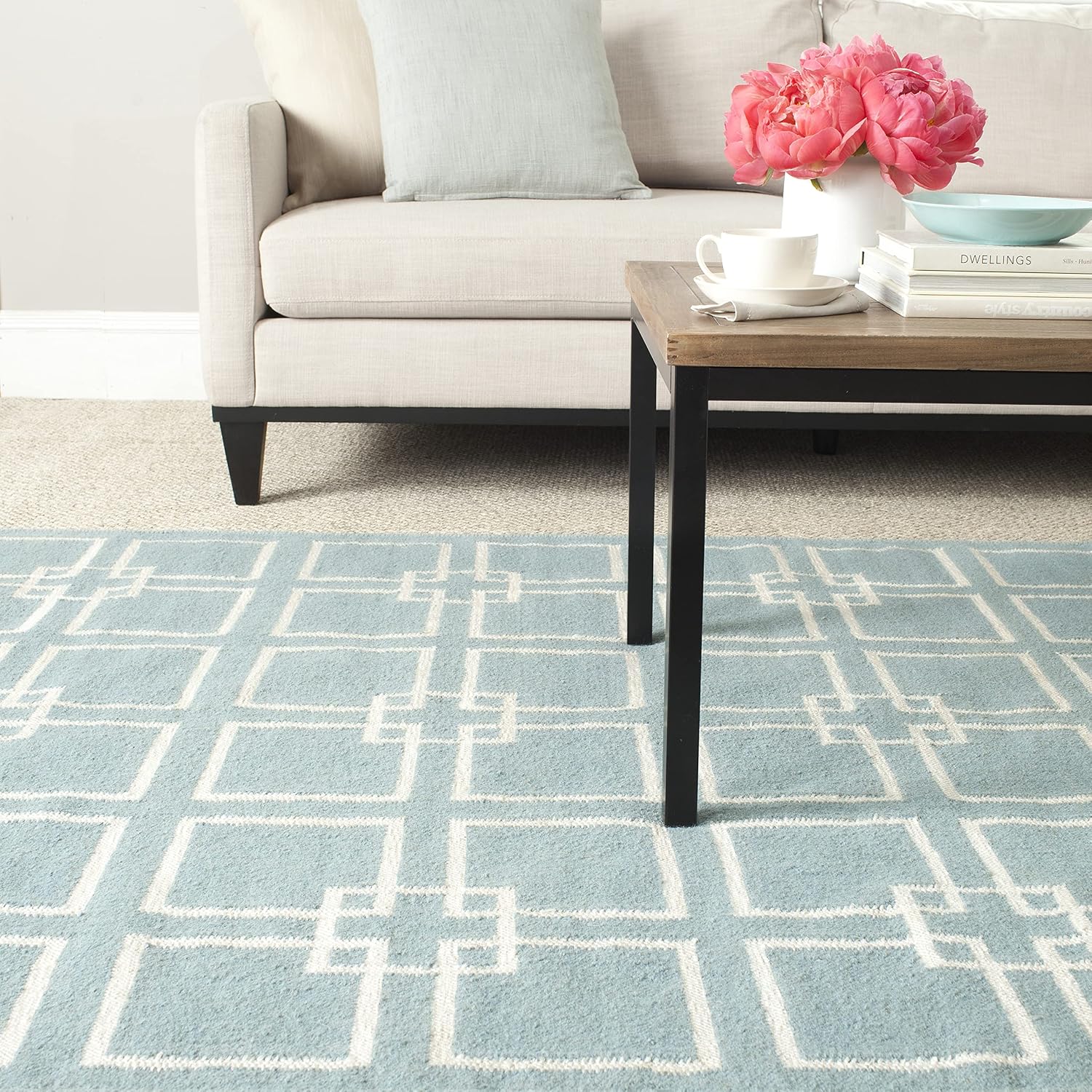 Blue Handmade Wool Silk Square Area Rug