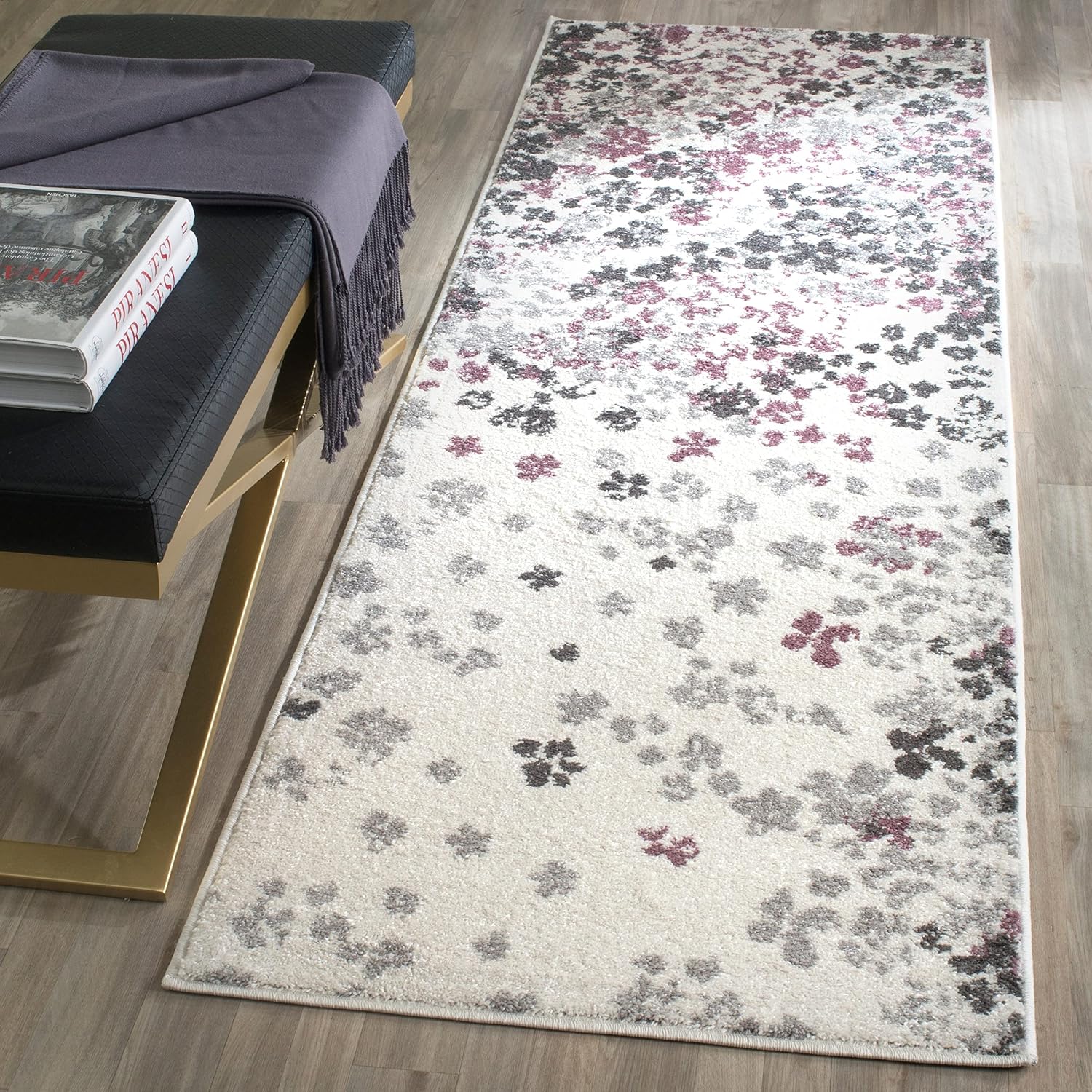 Grey Purple Floral Runner Rug