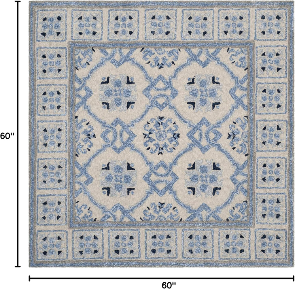 Ivory Blue Wool Viscose Square Rug