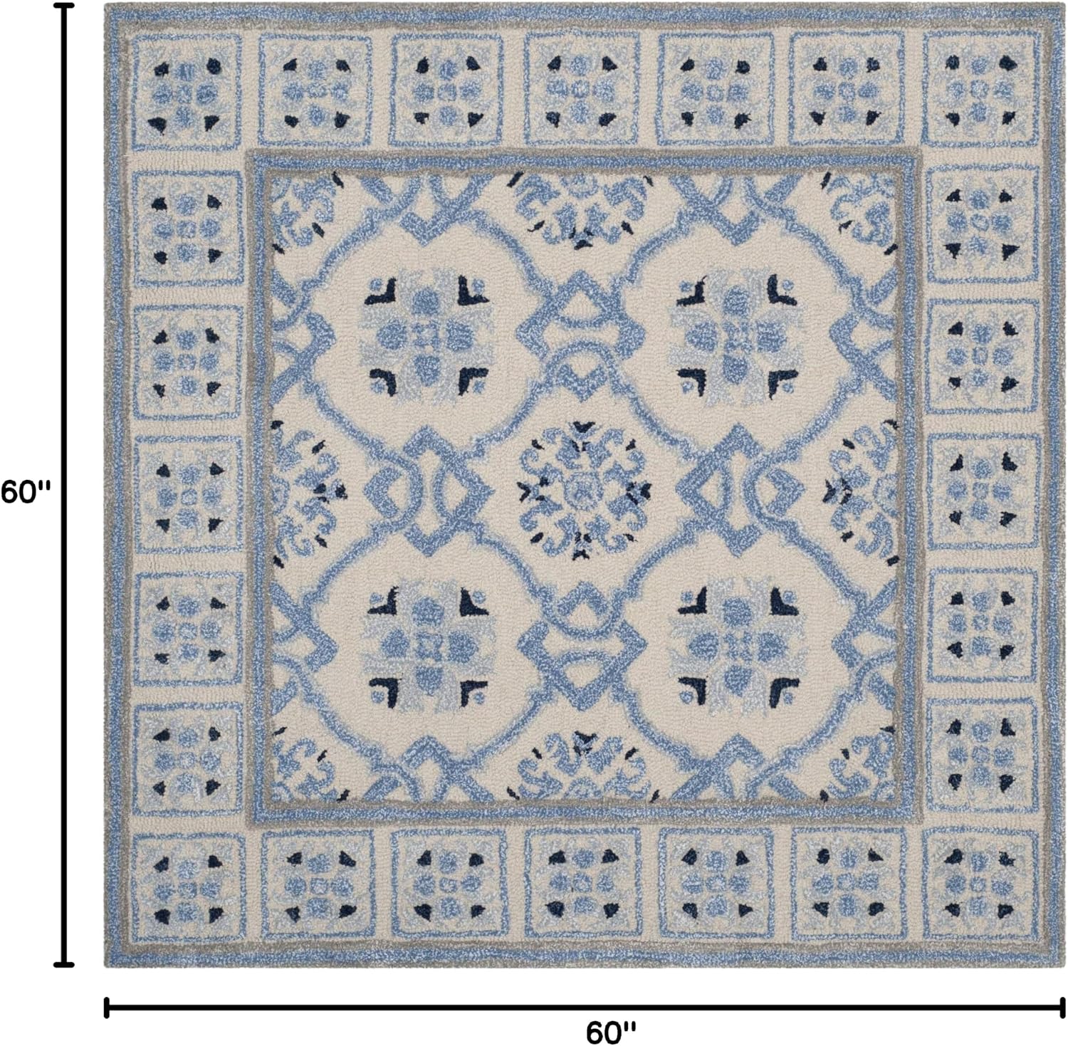 Ivory Blue Wool Viscose Square Rug