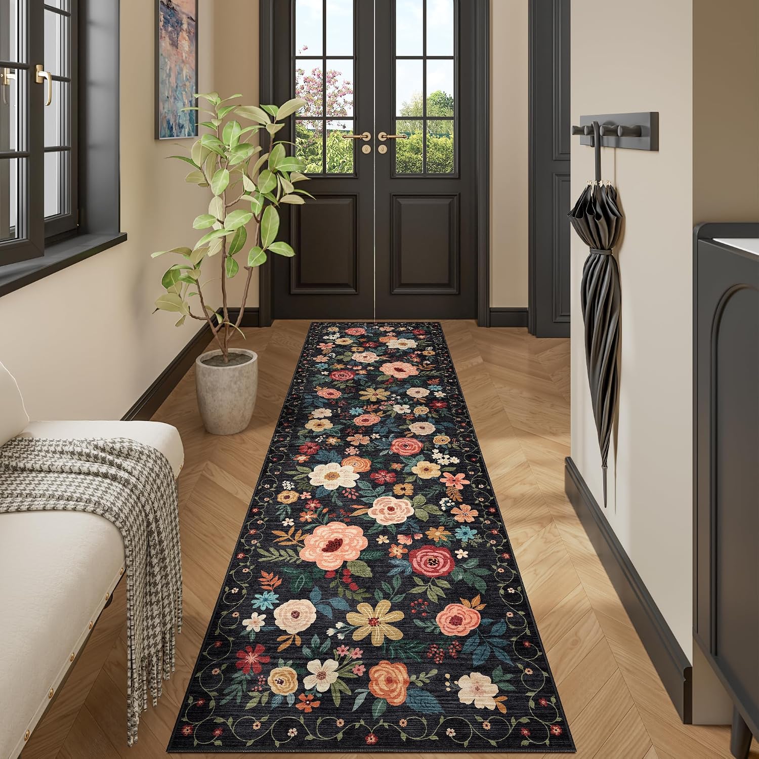 Black Floral Washable Runner Rug