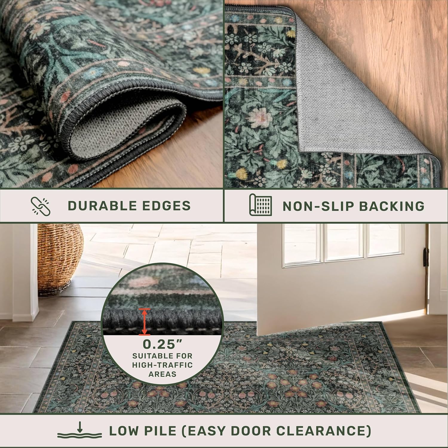 Dark Green Floral Washable Runner Rug