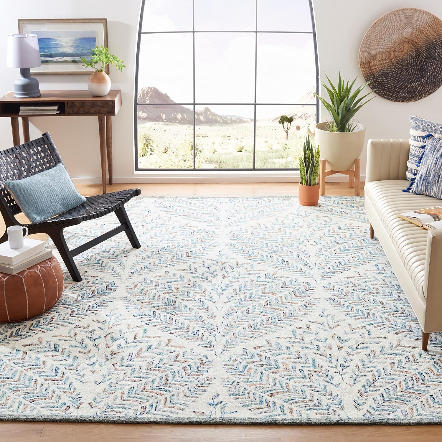 Ivory Blue Handmade Wool Square Rug