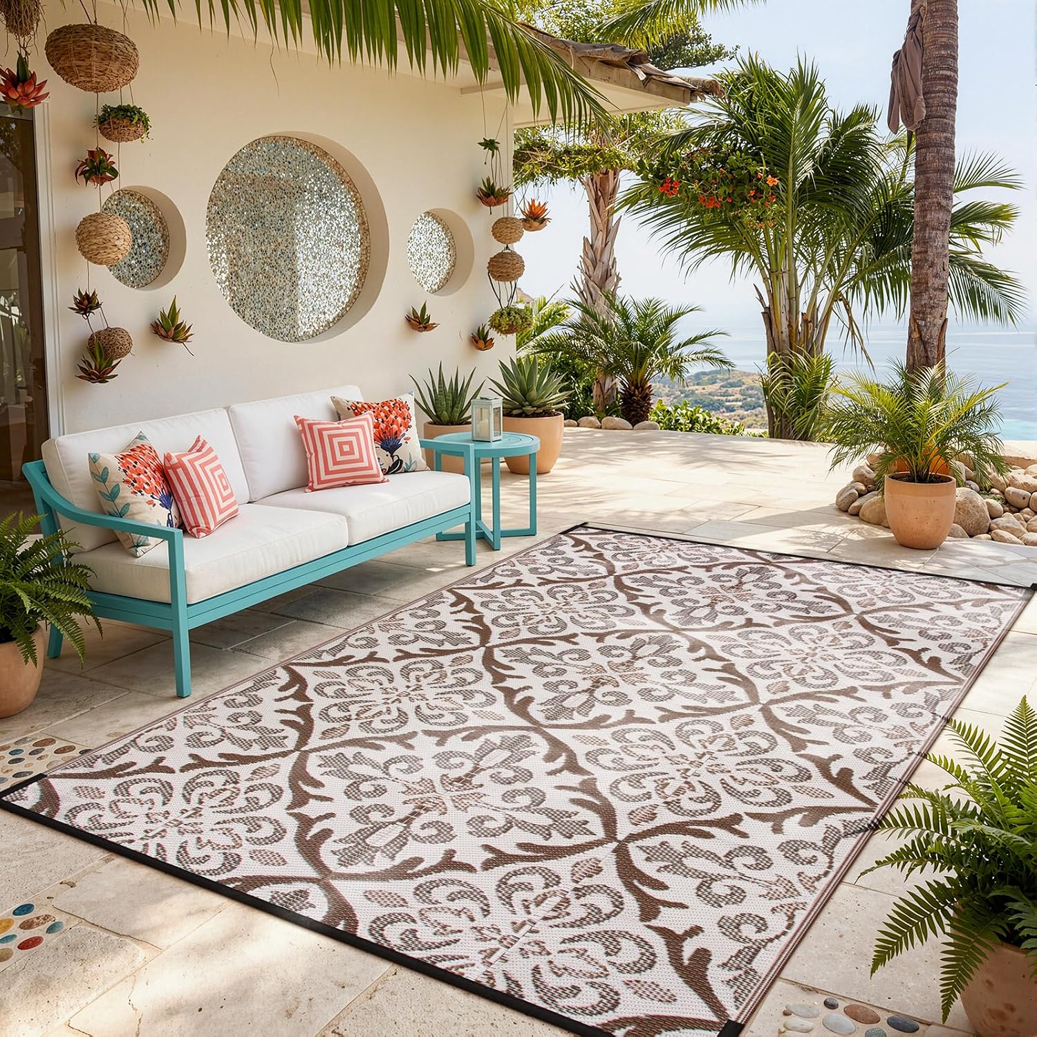 Khaki Reversible Plastic Straw Outdoor Rug
