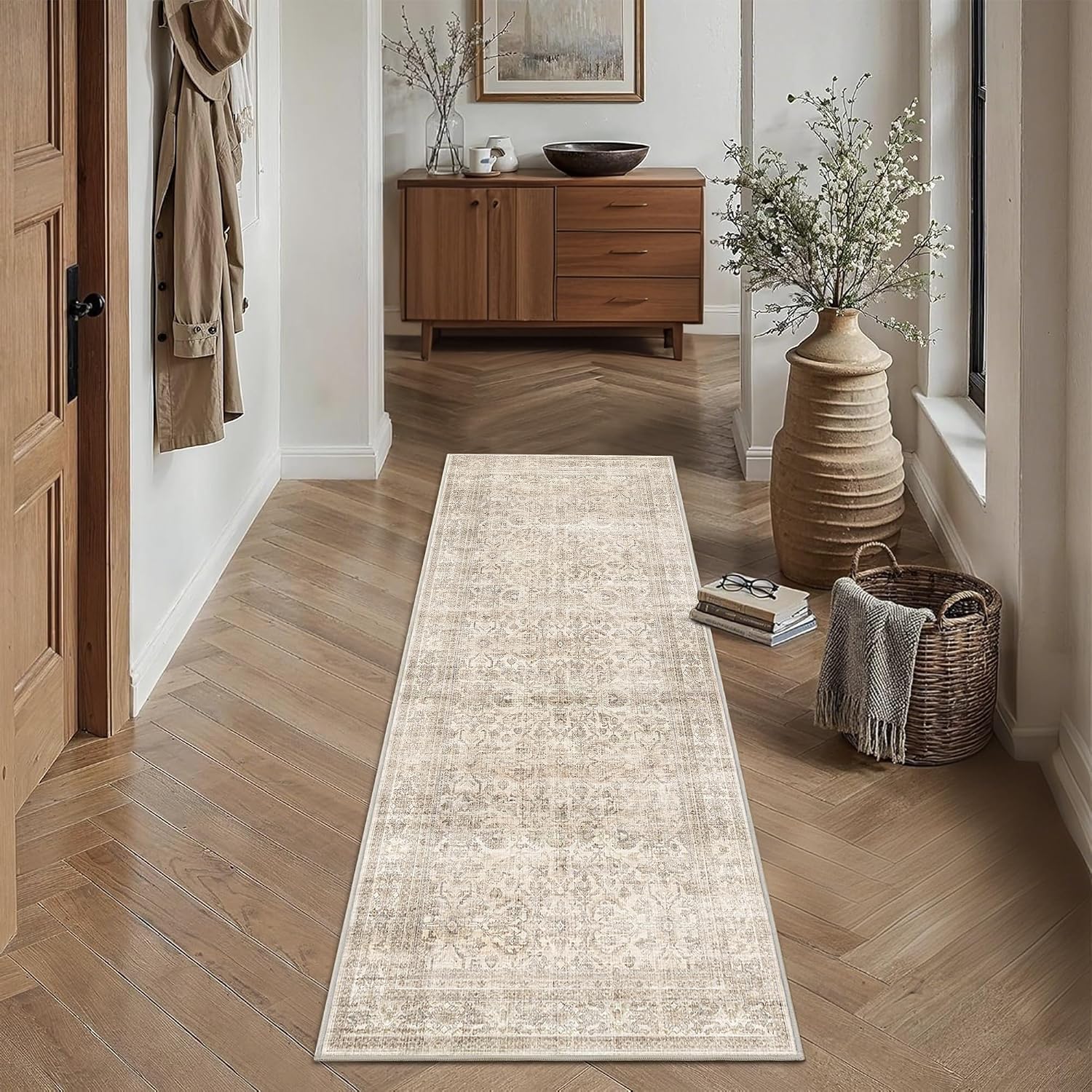 Beige Vintage Floral Runner Rug