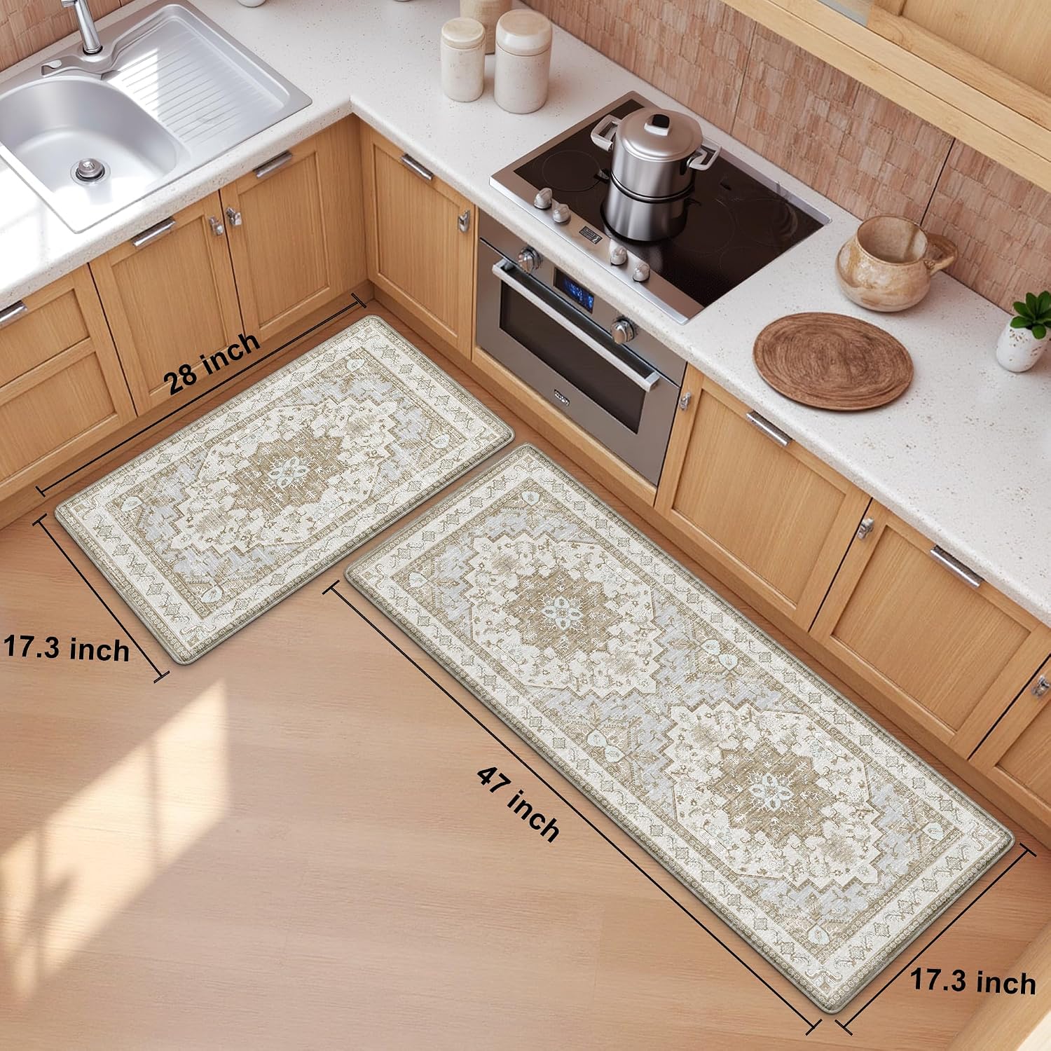 Beige Tan Boho Anti Fatigue Kitchen Rug Set of 2