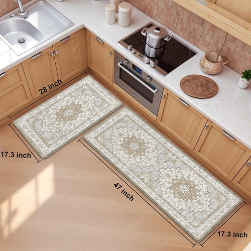 Beige Tan Boho Anti Fatigue Kitchen Rug Set of 2