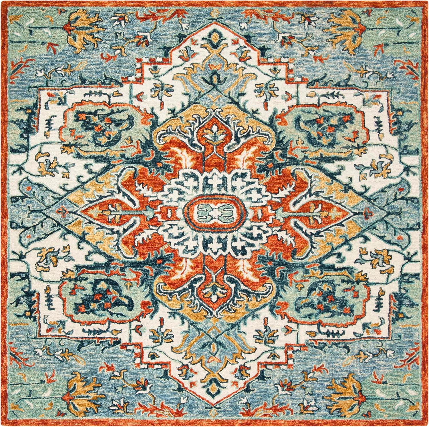 Blue Rust Boho Wool Square Rug