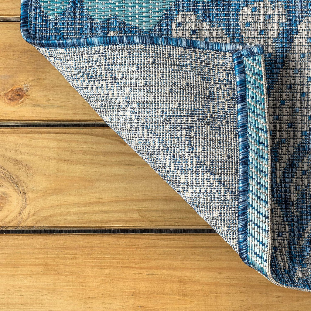 Navy Aqua Floral Weave Indoor Outdoor Area Rug 5X8