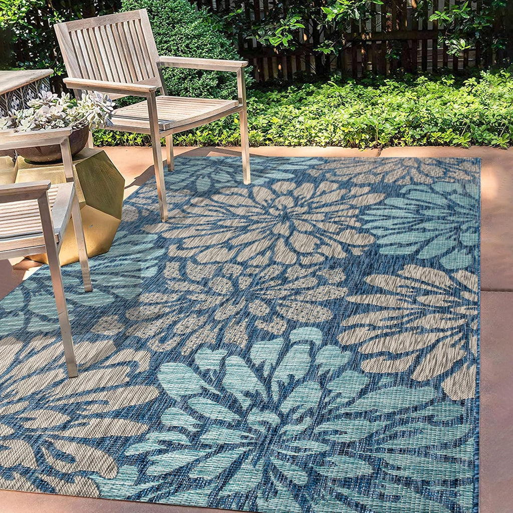 Navy Aqua Floral Weave Indoor Outdoor Area Rug 5X8