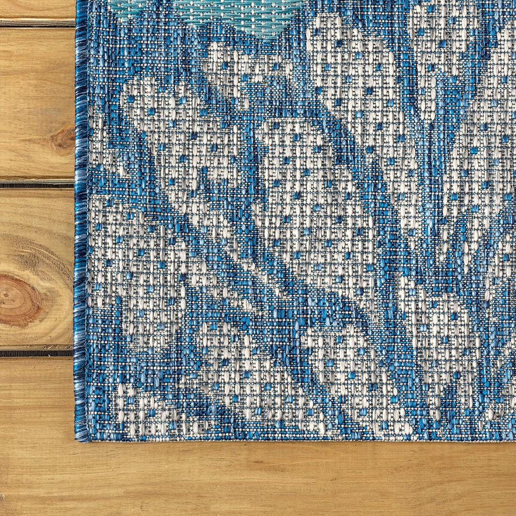 Navy Aqua Floral Weave Indoor Outdoor Area Rug 5X8