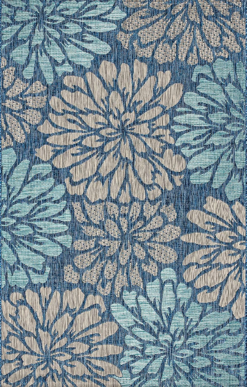Navy Aqua Floral Weave Indoor Outdoor Area Rug 5X8