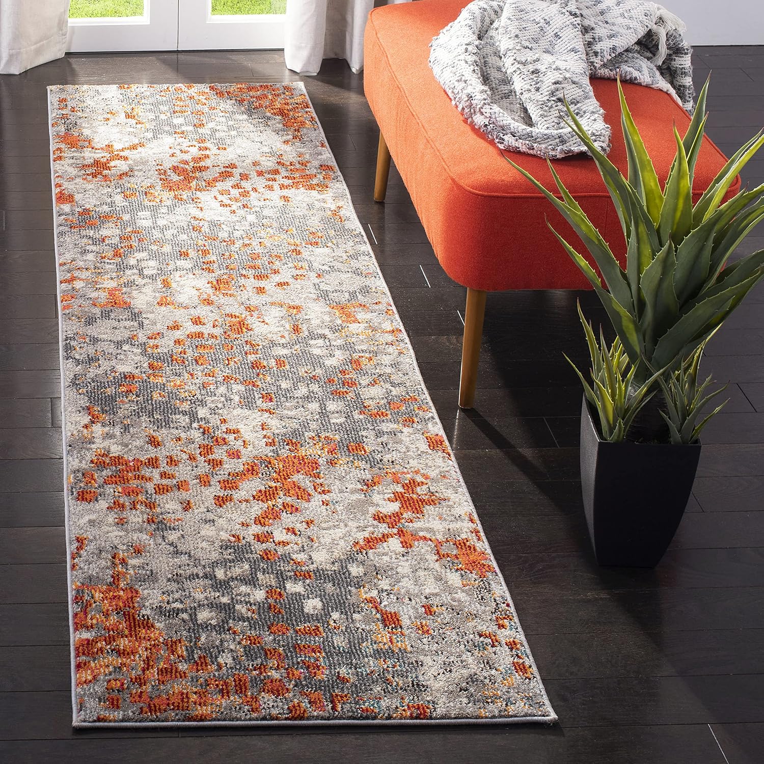Grey Orange Boho Abstract Runner Rug