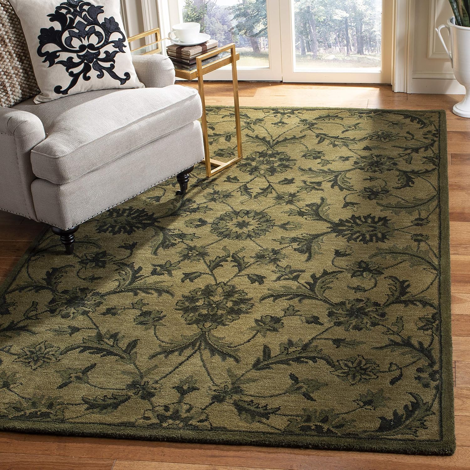 Olive Green Traditional Oriental Wool Square Rug