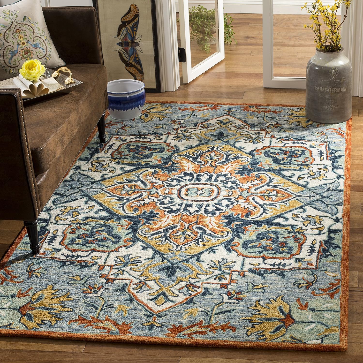 Blue Rust Boho Wool Square Rug
