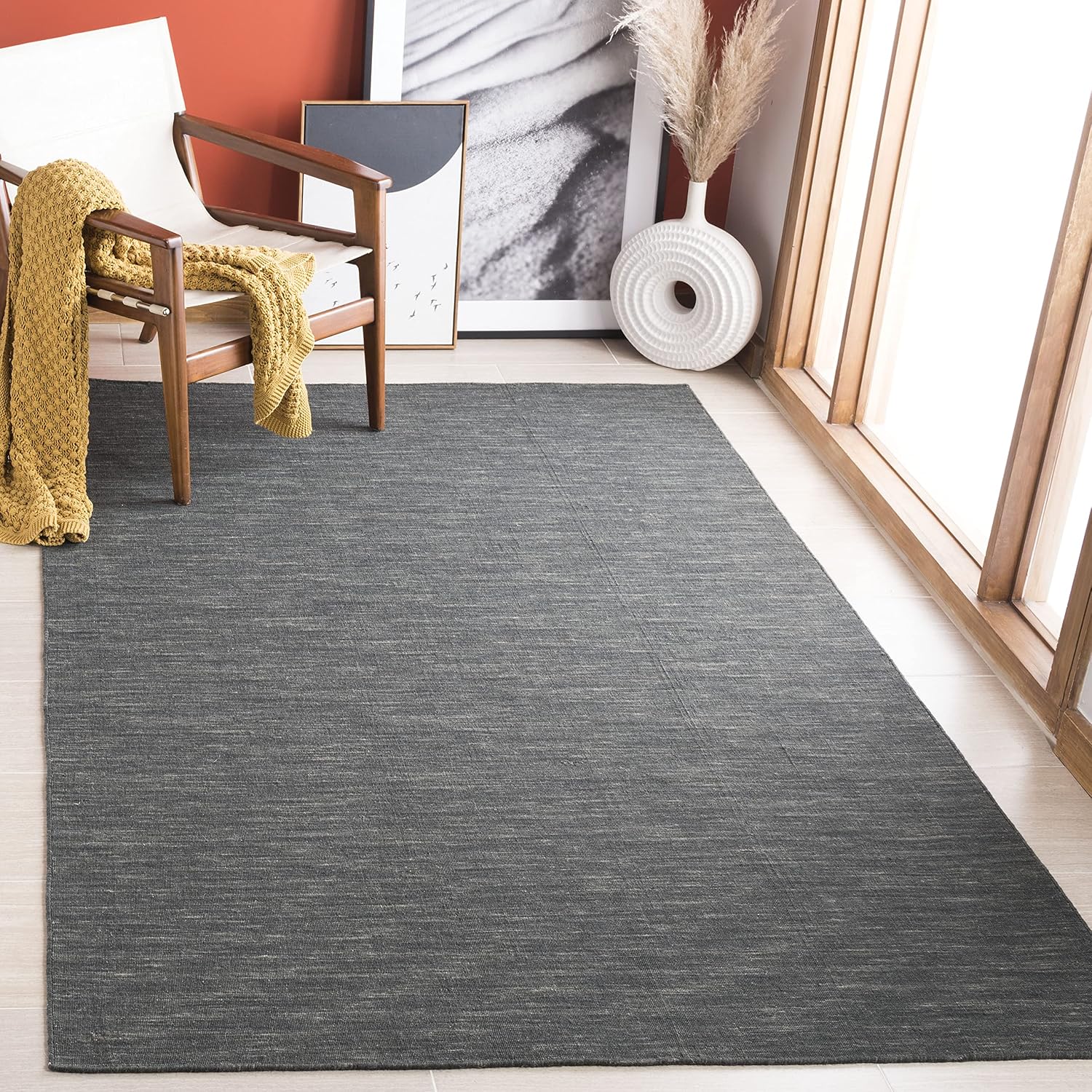 Charcoal Grey Solid Wool Square Rug