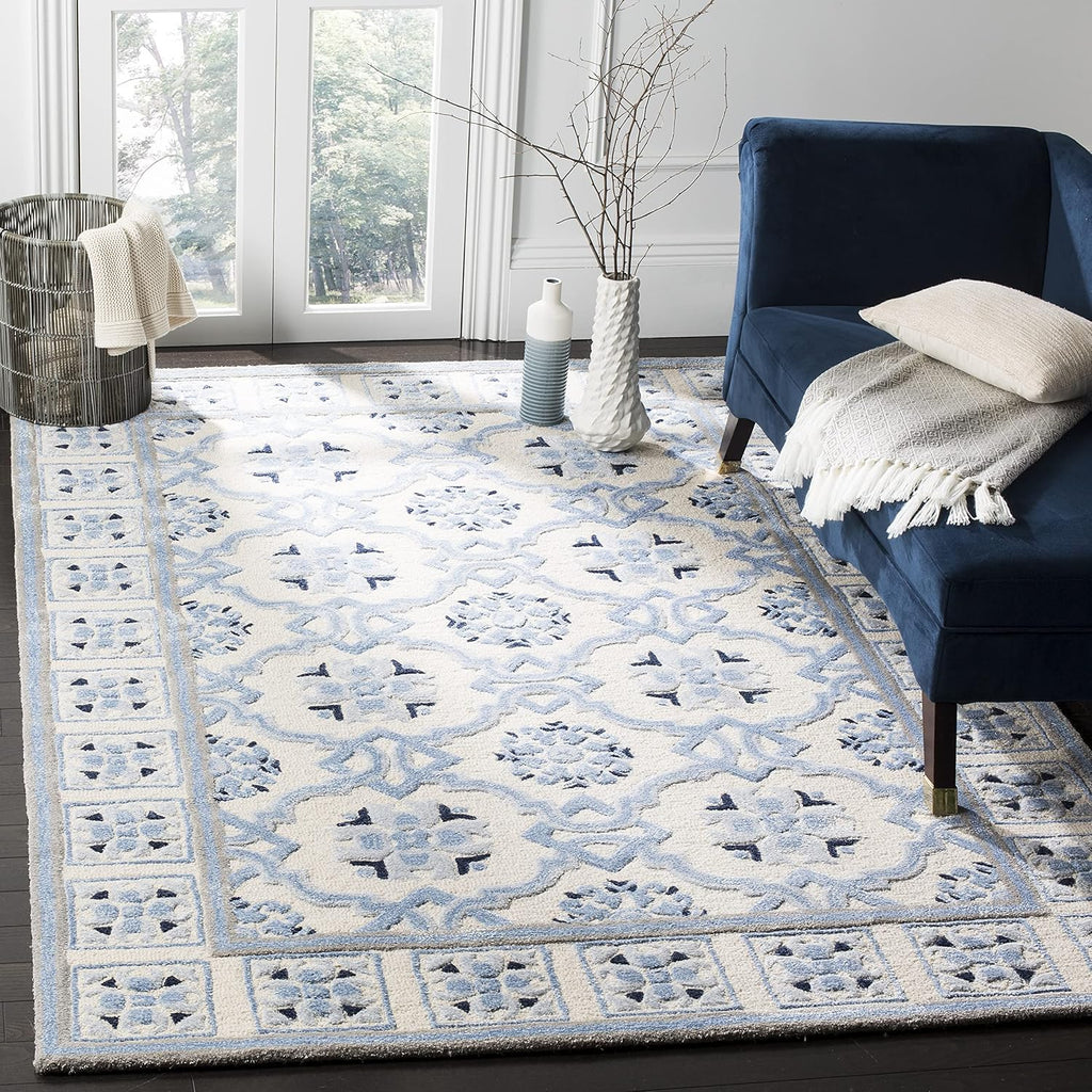 Ivory Blue Wool Viscose Square Rug