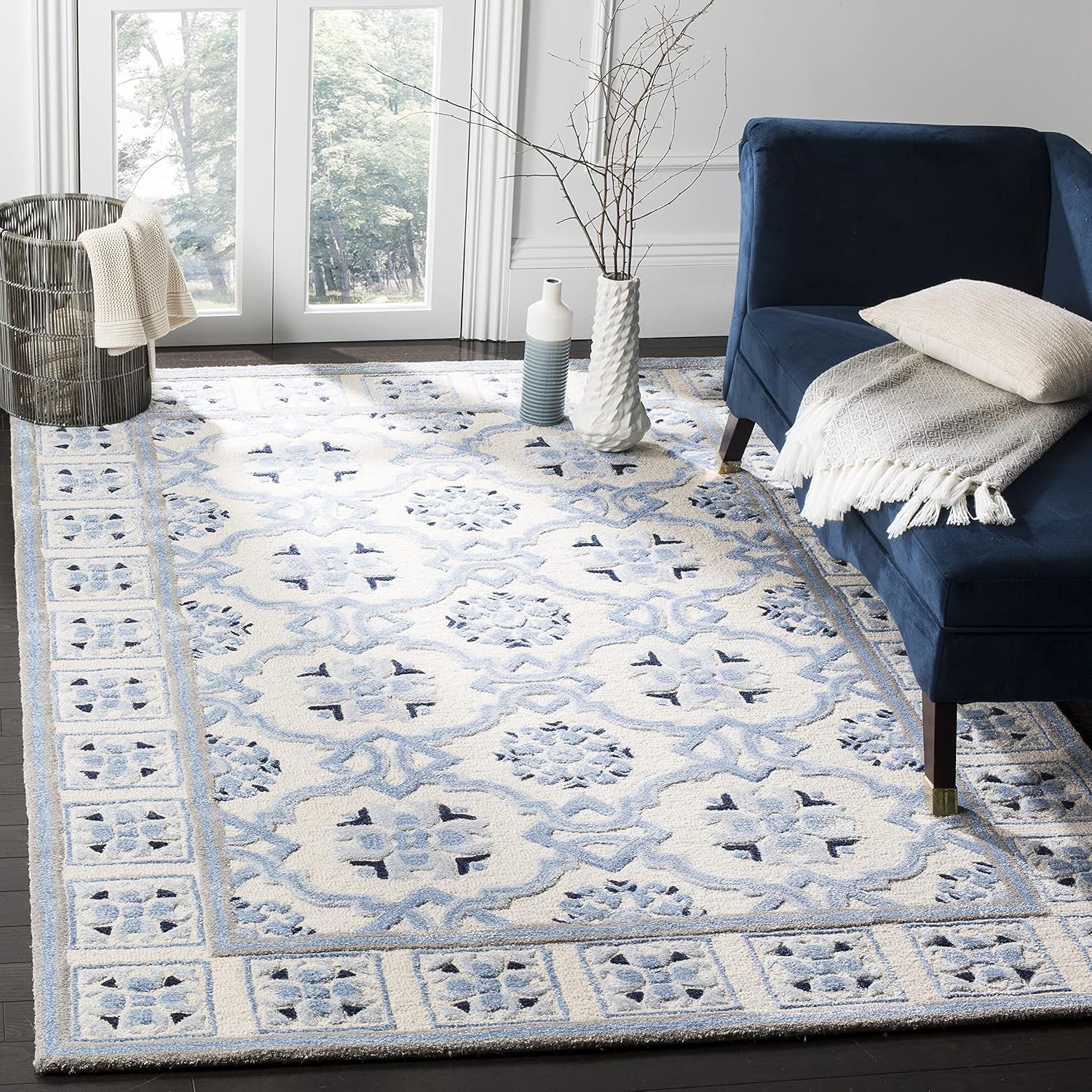 Ivory Blue Wool Viscose Square Rug