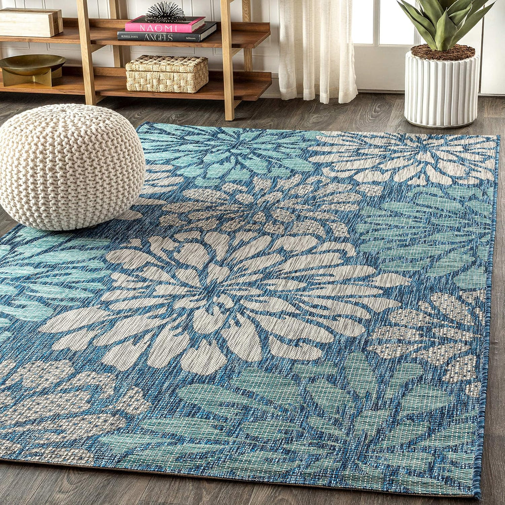 Navy Aqua Floral Weave Indoor Outdoor Area Rug 5X8